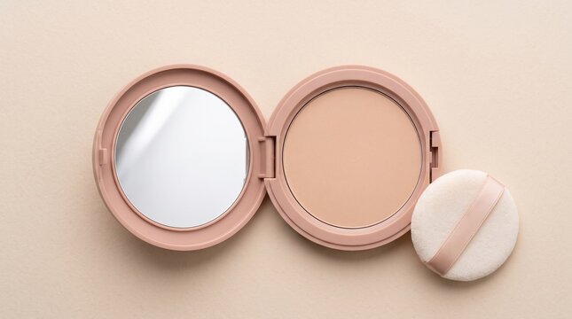 Beige Cosmetic Powder Compact with Mirror and Soft Puff for Daily Facial Makeup Routine and Skin Tone Correction