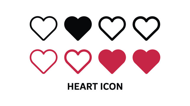 Heart Icons Set, Outline and Filled Love Symbols in Black and Red