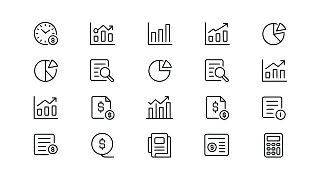 Financial Analytics Icons Set, Business Statistics Charts and Data Analysis Symbols