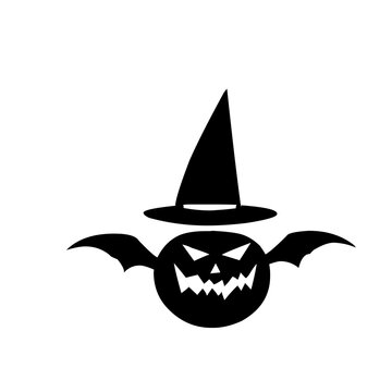 Halloween-themed black witch hat with jack-o'-lantern face and bat wings graphic illustration