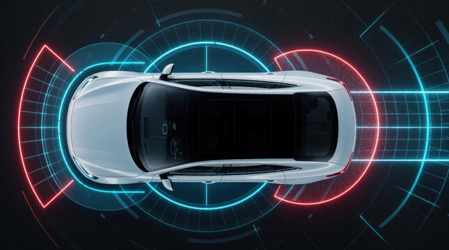Modern car uses 360 degree radar for obstacle detection and navigation. Futuristic digital interface displays scanning data for safe driving assistance and smart auto systems.