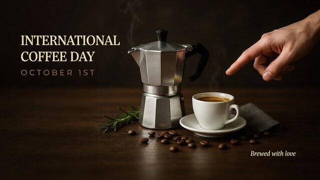 Hand pointing to coffee from moka pot on october 1st