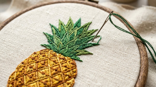 Handmade pineapple embroidery design featuring green leaf foliage and yellow textured fruit pattern on white fabric canvas art.