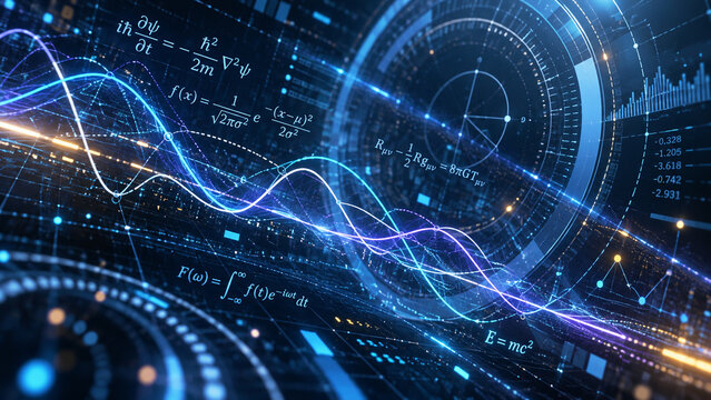 AI generated futuristic physics data visualization equations wave graphs digital analytics representing quantum research advanced mathematics computational science