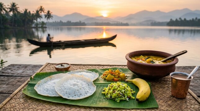 South indian breakfast with appam and stew scenic lakeside setting