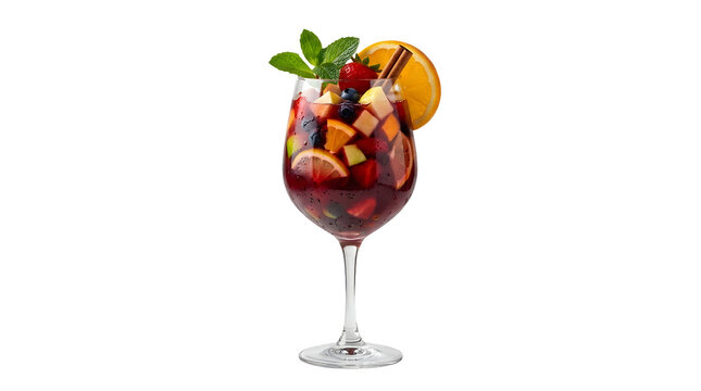 Glass of red wine sangria with fresh fruit with stick isolated on transparent background