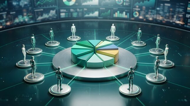 Futuristic Data Analysis and Market Segmentation Concept Featuring Human Figures Connected to a 3D Pie Chart and Digital Dashboards for Business Growth and Consumer Behavior Analytics