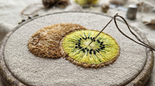 Kiwi fruit embroidery design featuring detailed green center stitches and brown hairy skin texture for home decor craft project.