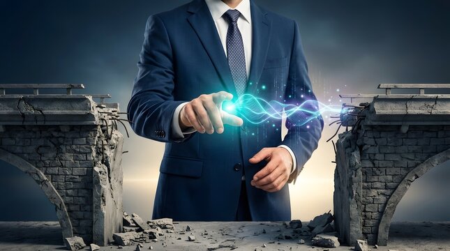 Businessman in a formal suit connecting two sides of a broken stone bridge with a glowing digital energy wave, representing professional problem solving, innovation, and bridging the gap in business.