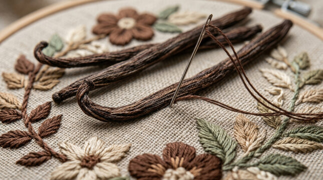 Natural vanilla bean embroidery design on linen fabric with floral leaf patterns and needles used for rustic kitchen decor themes.