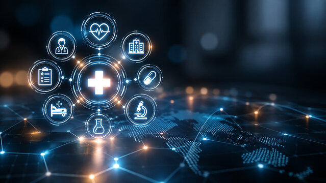 AI generated digital healthcare network medical icons hospital services research monitoring connected health technology for modern medicine data patient care