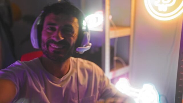 Man wearing headset reaches toward camera and waves hand while smiling and speaking into mic with neon lights and gaming chair in studio; friendly gaming stream.