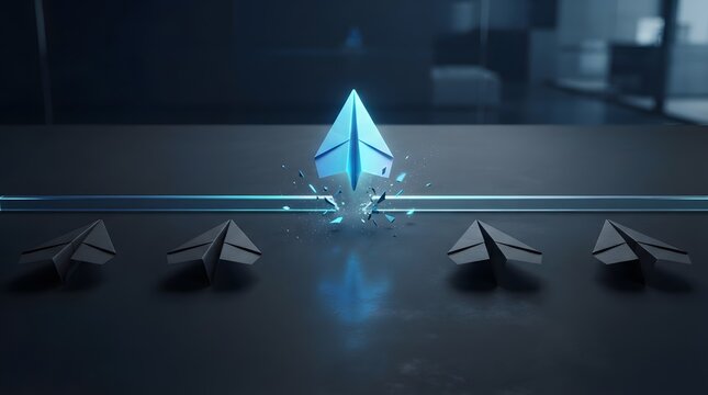 Concept of innovation and leadership with a glowing blue paper airplane breaking through a glass barrier, outperforming standard planes in a cinematic corporate office environment.