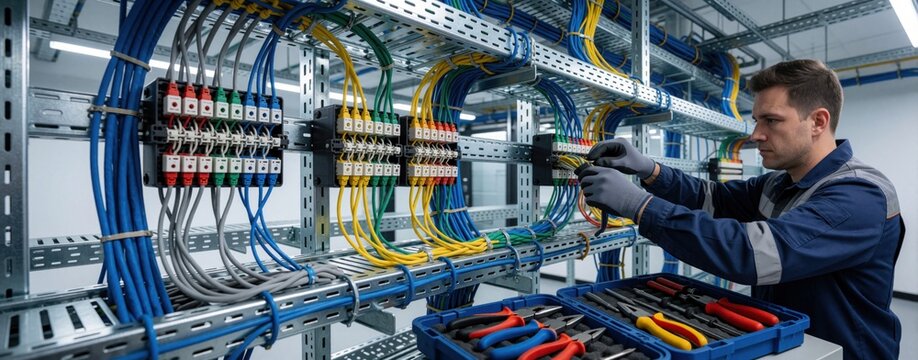 Skilled electrical engineer works on complex wiring in modern data center. Pro technician installs network cables, connects server hardware in tech facility. Specialist uses tools for maintenance,