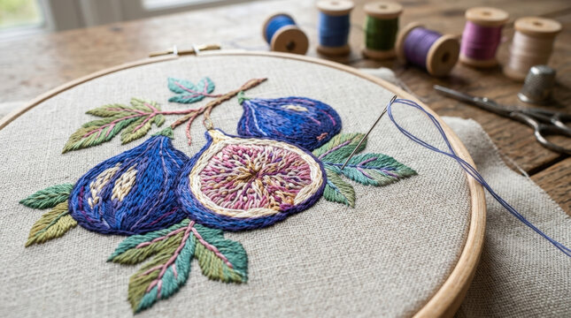 Purple fig fruit embroidery design featuring detailed leaf motifs on fabric perfect for artisanal needlework wall art project.