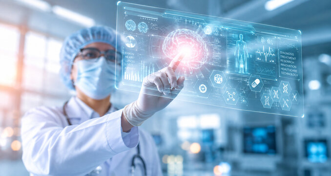 AI generated doctor using digital medical interface brain scan diagnostics patient data healthcare technology for neurological research treatment modern medicine