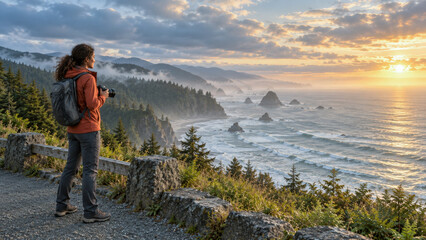 Fototapeta premium Female landscape photographer captures a misty, rugged coastline at golden sunrise in a cinematic wide-angle adventure travel scene.