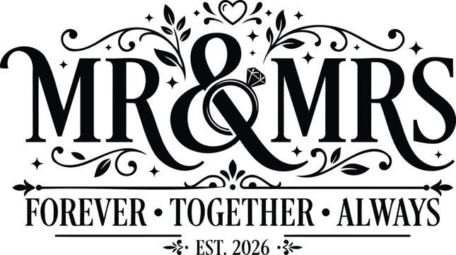 Elegant mr and mrs wedding typography design with floral flourishes and established year for romantic anniversary or celebration projects