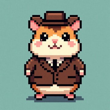 Pixel art hamster in suit and hat. Cute rodent character dressed as businessman in retro style. Digital game art, 8 bit computer icon for business concept.