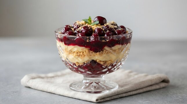 Delicious berry trifle dessert with layers of cake and sweet fruit cream in a glass bowl on a table. Hungarian Cuisine