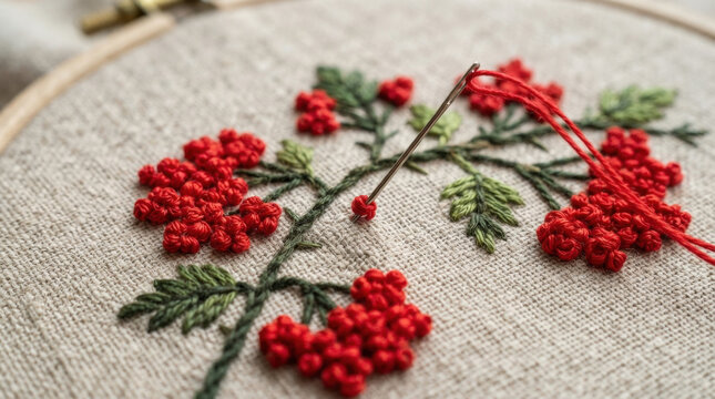 Red rowan berry embroidery branch on textured linen fabric with needle and red thread for decorative needlework craft hobby.