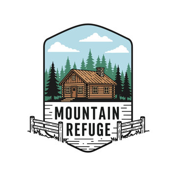 Rustic Cabin Logo with Mountain Refuge Text.