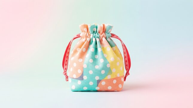 A cute polka-dot drawstring bag set against a pastel-colored background (preschool and elementary school supplies; copy space included)