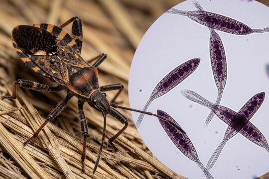 Kissing bug triatoma insect carries Trypanosoma cruzi parasite. Microscopic view shows protozoa cells responsible for Chagas disease. Medical illustration explains transmission of American