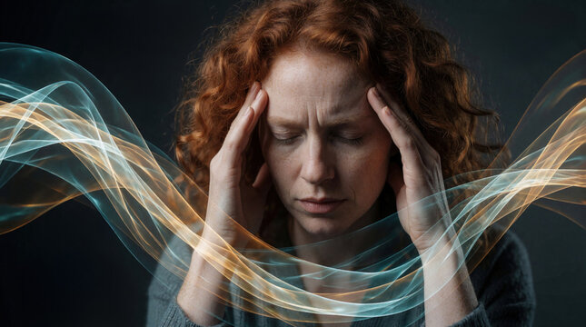 Woman with hands on temples, eyes closed, experiencing mental distress. Abstract light waves surround her head, visualizing inner turmoil and anxiety.