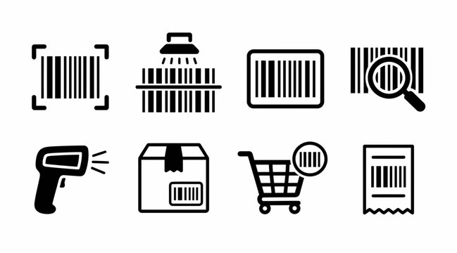 Shipping, logistics, and barcode scanning technology icons.