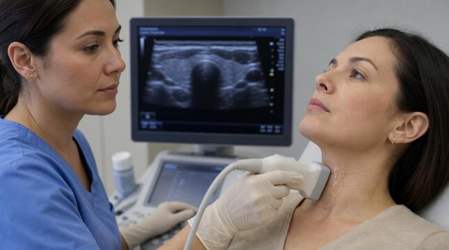 Female sonographer in scrubs performing ultrasound scan on woman's neck in clinic, close-up of gloved hand using handheld transducer