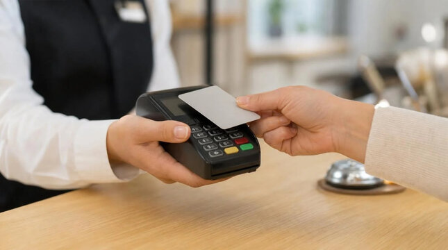 Close-up of waitress hand holding payment terminal as customer taps plain card during contactless transaction at cafe counter with wooden table