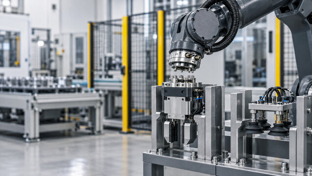 Industrial Robot Changing Gripper Tool at Automated Manufacturing Workstation