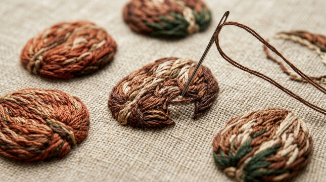 Walnut shell embroidery design on natural linen fabric with sewing needle and brown thread for rustic textured craft hobby work.