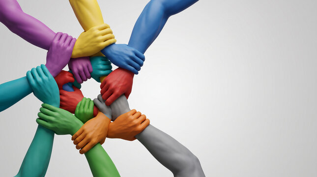 Colorful 3d hands holding each others wrists in a circle representing unity