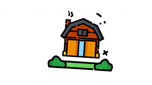 Animated orange barn with brown roof and chimney, surrounded by green bushes, in a simple cartoon vector graphic style. Suitable for childrens book illustrations.