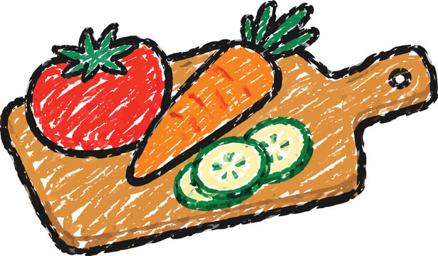 Fresh organic vegetables including tomato carrot and cucumber slices displayed on a wooden cutting board illustration