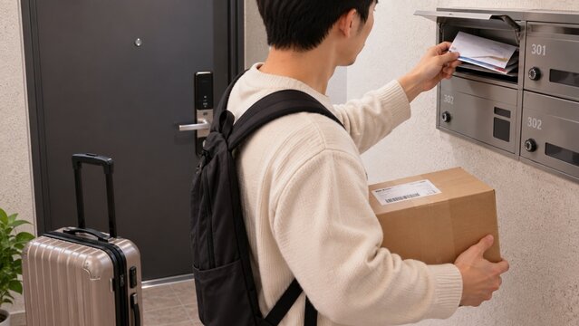 Traveler Checking Mail Before Leaving Home for a Long Holiday