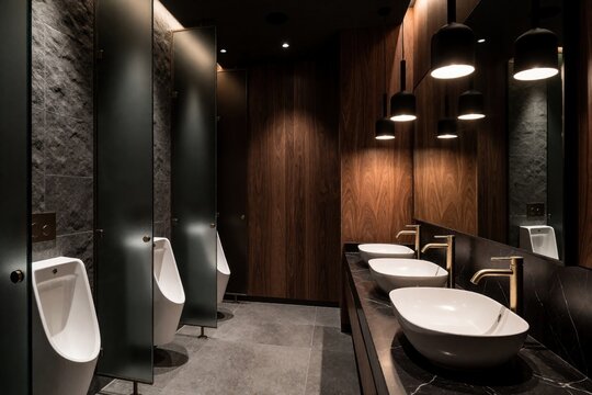 Modern restroom with sleek urinals and minimalist sinks. Walnut paneling and stone accents create a luxurious, sophisticated atmosphere inside this clean, upscale public facility.