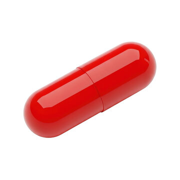 Single red medical capsule pill isolated on transparent background