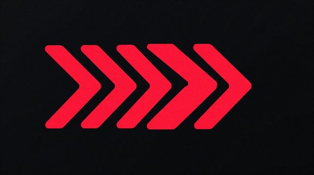 Red chevron arrows align horizontally on black backdrop, indicating forward motion and direction. Simple graphic, versatile for digital interfaces or business concepts.