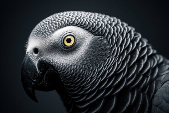 African grey parrot bird head portrait. Intelligent feathered animal with bright yellow eye and dark beak. Closeup profile view of exotic pet showing detailed texture and scales on its head.