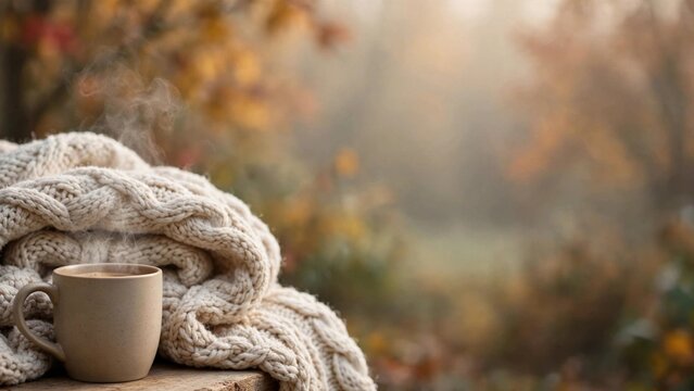 Coffee cup and blanket arranged on wood, with a blurred autumn background enhancing the cozy, hygge vibe