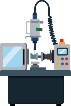 Flat design vector icon of an injection molding machine shaping plastic parts with control panel, hopper, and nozzle, industrial manufacturing equipment illustration for factory production processes