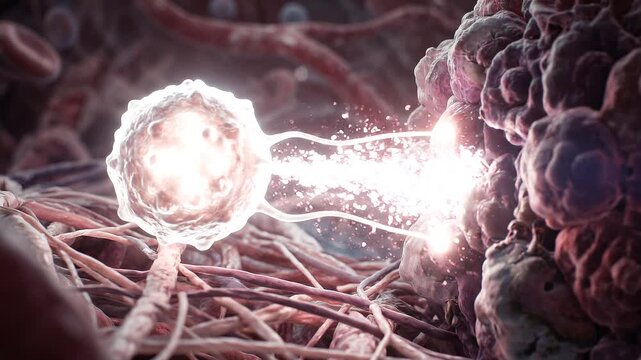 Microscopic view of immune cell attacking cancer cell with energy beam.
