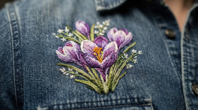 Delicate crocus flower embroidery with purple petals and yellow stamens brings artistic botanical flair to blue denim jacket.
