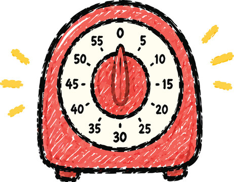 Red vintage kitchen timer vector illustration featuring hand drawn sketch style with bright yellow sparkle accents