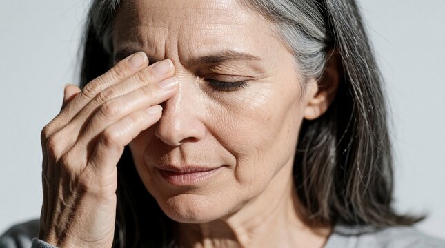 Mature woman feels headache, sinus pressure pressing on her forehead. She closes her eyes in pain, fatigue, showing discomfort from migraine. Tiredness, stress symptoms are evident on her face.