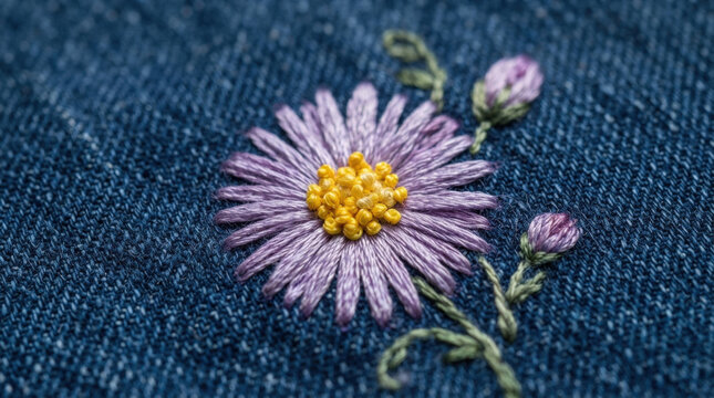 Delicate purple aster flower embroidery with yellow center on blue denim cloth for bohemian style clothing and textile craft.