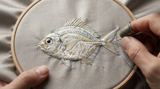 Delicate silver fish embroidery on neutral beige silk canvas with thimble for professional textile sewing art hobby projects.